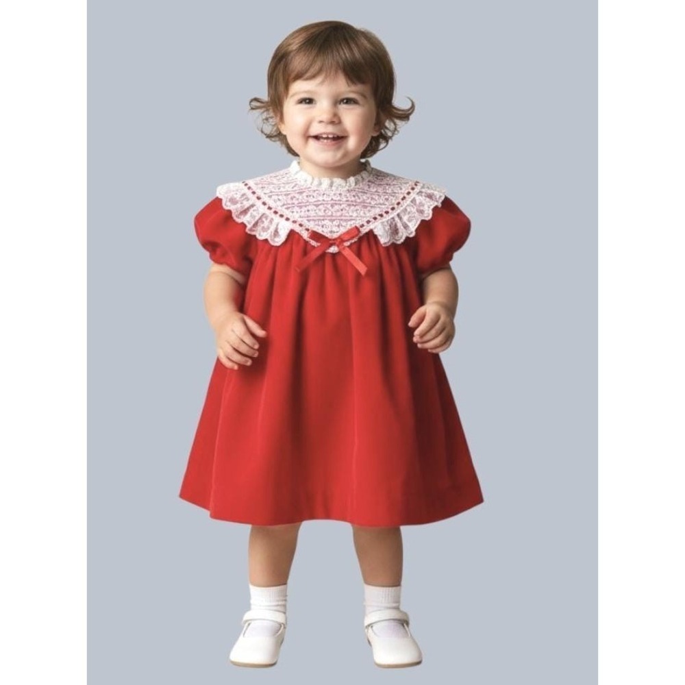 True Vintage Peaches 'N Cream RED VELVET DRESS White Lace Collar Size 2T